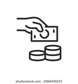 Hand with money and coins, linear style icon. Hand placing money with a stack of coins beside it. Editable stroke width.