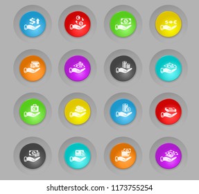 hand and money colored plastic round buttons vector icons for web and user interface design