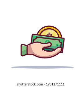 Hand With Money And Dollar Coin Cartoon Icon Illustration Flat Style On White Background For Web, Landing Page, Sticker, Banner, Flier, Ads, Advertisement