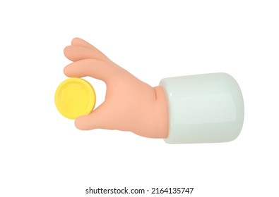 Emoji de mano y dinero. Icono de la moneda de la mano de representación 3d. Negocio, capital, concepto de pago. Ilustración vectorial de dibujos animados