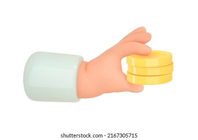 Hand and money emoji. 3d render hand hold stack coin icon. Business, capital,payment concept. Cartoon vector illustration