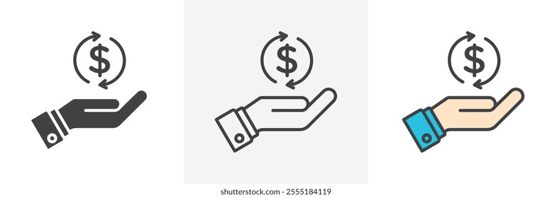 Hand money exchange icon collection in black and colored style.