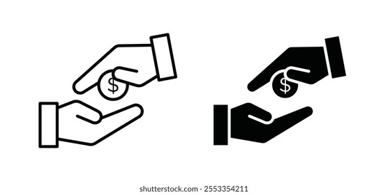 Hand money exchange icons in black filled and outlined style