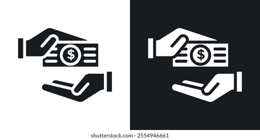 Hand money exchange icons in solid black and white colors