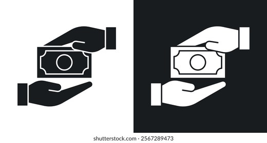 Hand money exchange icons in solid black and white colors