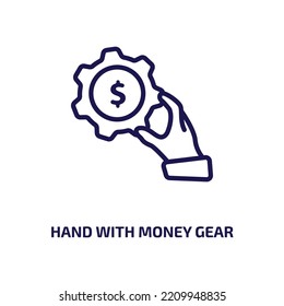 Hand With Money Gear Icon From Business Collection. Thin Linear Hand With Money Gear, Money, Gear Outline Icon Isolated On White Background. Line Vector Hand With Money Gear Sign, Symbol For Web And 