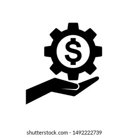 Hand with Money Gear vector. Gear with dollar sign line icon. Price of repair service. Isolated solid icon. Eps 10.