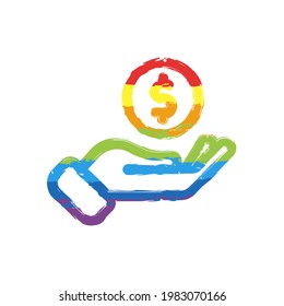 Hand and money, giving a cash, simple icon. Drawing sign with LGBT style, seven colors of rainbow (red, orange, yellow, green, blue, indigo, violet