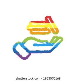 Hand and money, giving a cash, simple icon. Drawing sign with LGBT style, seven colors of rainbow (red, orange, yellow, green, blue, indigo, violet