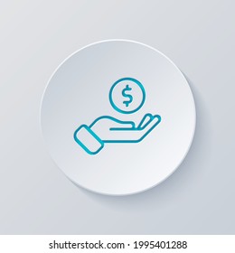Hand and money, giving a cash, simple icon. Cut circle with gray and blue layers. Paper style