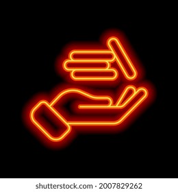 Hand and money, giving a cash, simple icon. Orange neon style on black background. Light linear icon with editable stroke