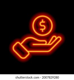 Hand and money, giving a cash, simple icon. Orange neon style on black background. Light linear icon with editable stroke