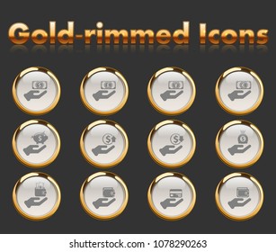 hand and money gold-rimmed vector icons with black background