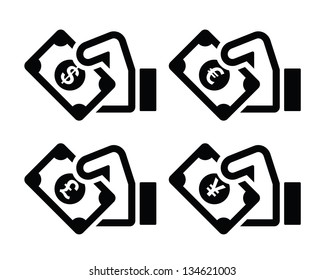 Hand with money icon - dollar, euro, yen, pound