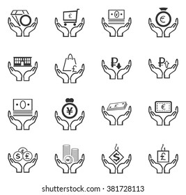 Hand and money icon set for web sites and user interface