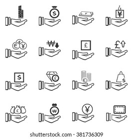 Hand and money icon set for web sites and user interface