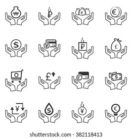 Hand and money icon set for web sites and user interface