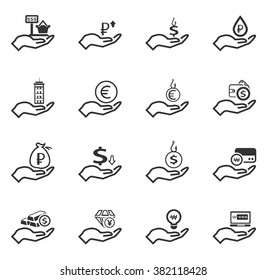 Hand and money icon set for web sites and user interface