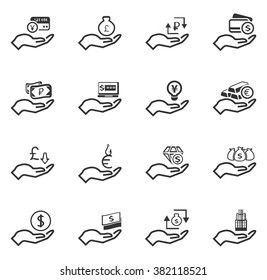 Hand and money icon set for web sites and user interface