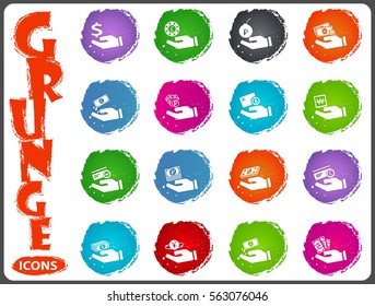 Hand and money icon set for web sites and user interface in grunge style