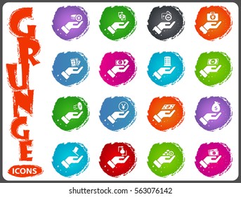 Hand and money icon set for web sites and user interface in grunge style