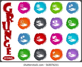 Hand and money icon set for web sites and user interface in grunge style