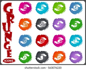 Hand and money icon set for web sites and user interface in grunge style