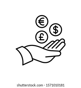Hand with money icons. Tax return, vat refund or other money back operations symbol. Coins of different currency signs. Return on investment ROI concept. Adjustable stroke width.