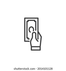 Hand with money line icon. linear style sign for mobile concept and web design. Hand giving cash money outline vector icon. Symbol, logo illustration. Vector graphics