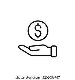Hand with money linear icon. Saving the budget. Thin line customizable illustration. Contour symbol. Vector isolated outline drawing. Editable stroke