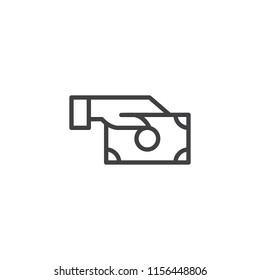 Hand with money outline icon. linear style sign for mobile concept and web design. Palm give dollar bill simple line vector icon. Symbol, logo illustration. Pixel perfect vector graphics
