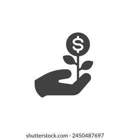 Hand with a money plant vector icon. filled flat sign for mobile concept and web design. Business Investment glyph icon. Financial growth symbol, logo illustration. Vector graphics