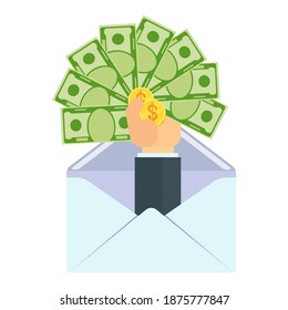 Hand with money pops out of envelope. Payment of services, bribe, monetary reward, gratitude and bribery. Corruption and financial fraud in business. Flat vector illustration isolated on background.
