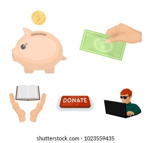 Hand with money for poshestvovaniya, a piggy bank for charity, a button with an inscription, a book for the blind in their hands. Charity and donation set collection icons in cartoon style vector