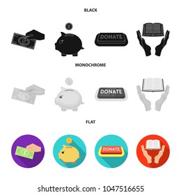 Hand with money for poshestvovaniya, a piggy bank for charity, a button with an inscription, a book for the blind in their hands. Charity and donation set collection icons in black, flat, monochrome