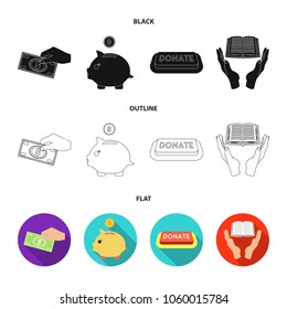 Hand with money for poshestvovaniya, a piggy bank for charity, a button with an inscription, a book for the blind in their hands. Charity and donation set collection icons in black,flat,outline style