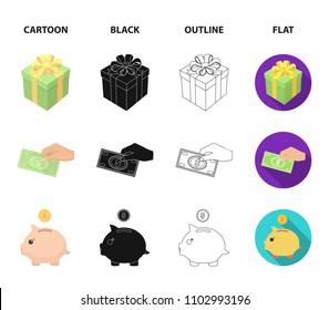 Hand with money for poshestvovaniya, a piggy bank for charity, a button with an inscription, a book for the blind in their hands. Charity and donation set collection icons in cartoon,black,outline