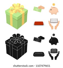 Hand with money for poshestvovaniya, a piggy bank for charity, a button with an inscription, a book for the blind in their hands. Charity and donation set collection icons in cartoon,black style