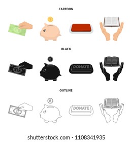 Hand with money for poshestvovaniya, a piggy bank for charity, a button with an inscription, a book for the blind in their hands. Charity and donation set collection icons in cartoon,black,outline