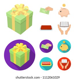 Hand with money for poshestvovaniya, a piggy bank for charity, a button with an inscription, a book for the blind in their hands. Charity and donation set collection icons in cartoon,flat style vector