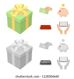 Hand with money for poshestvovaniya, a piggy bank for charity, a button with an inscription, a book for the blind in their hands. Charity and donation set collection icons in cartoon,monochrome style