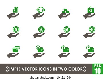 hand and money simple vector icons in two colors