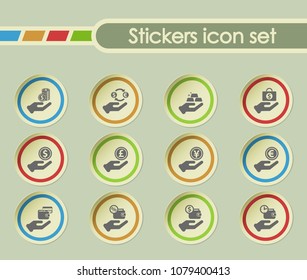 hand and money simple vector icons on round stickers