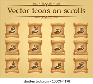 hand and money simple vector icons on ancient scrolls