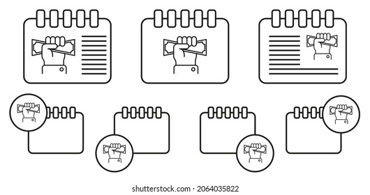Hand, icono del vector de dinero en la ilustración del conjunto de calendario para ui y ux, sitio web o aplicación móvil
