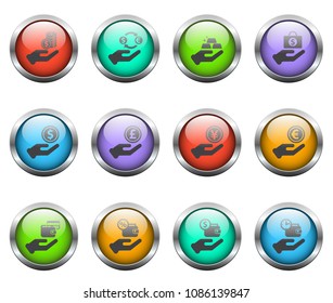 hand and money vector icons on color glass buttons