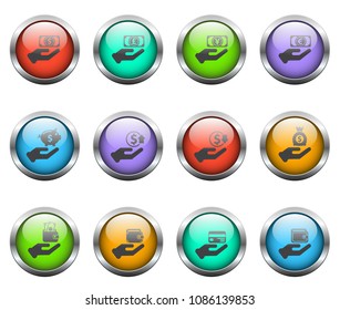 hand and money vector icons on color glass buttons