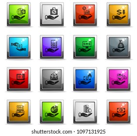 hand and money vector icons in square colored buttons for web and user interface design