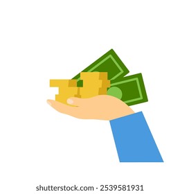 Mano con dinero. Ilustración plana de color simple de Vector.
