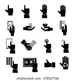 Hand money and wealth icons set